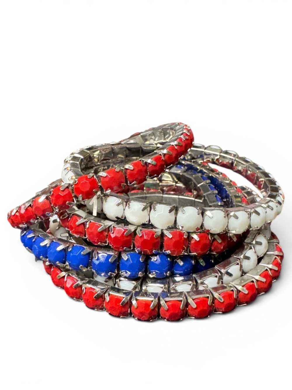 Patriotic Red White Blue Rhinestone Stretch Bracelet Stack Set of 5
